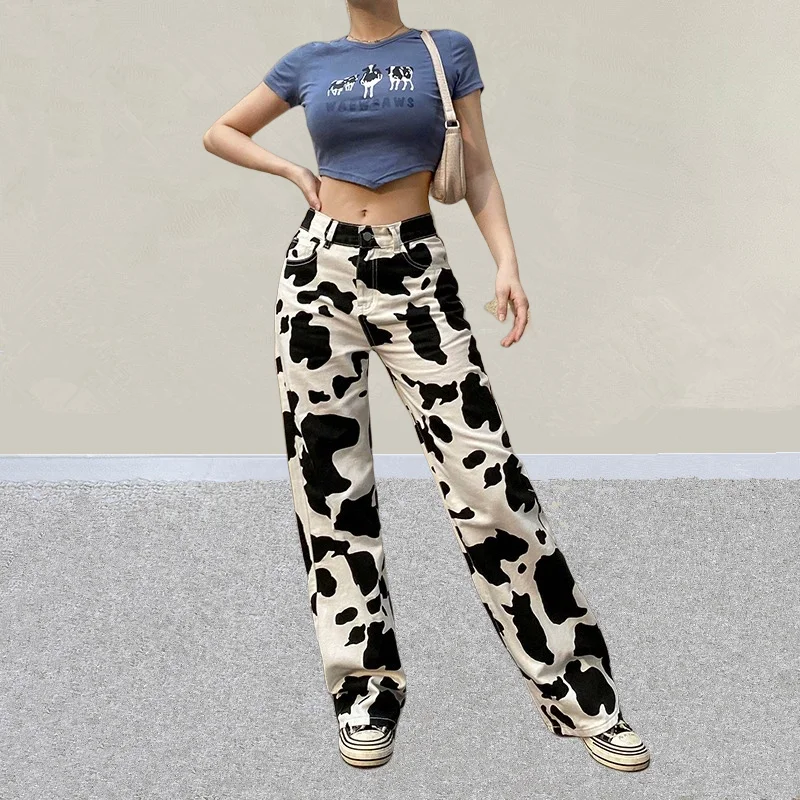 

2025 Cyber Y2K Fashion Kpop Cow Pattern Slim New Jeans Pants For Women Clothing Straight Cotton Korean Casual Lady Long Trousers