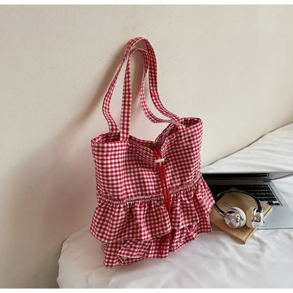 

Sweet Lotus Leaf Tote Bag Drawstring Printing Crossbody Bag Plaid Large Capacity Shoulder Bag Girl