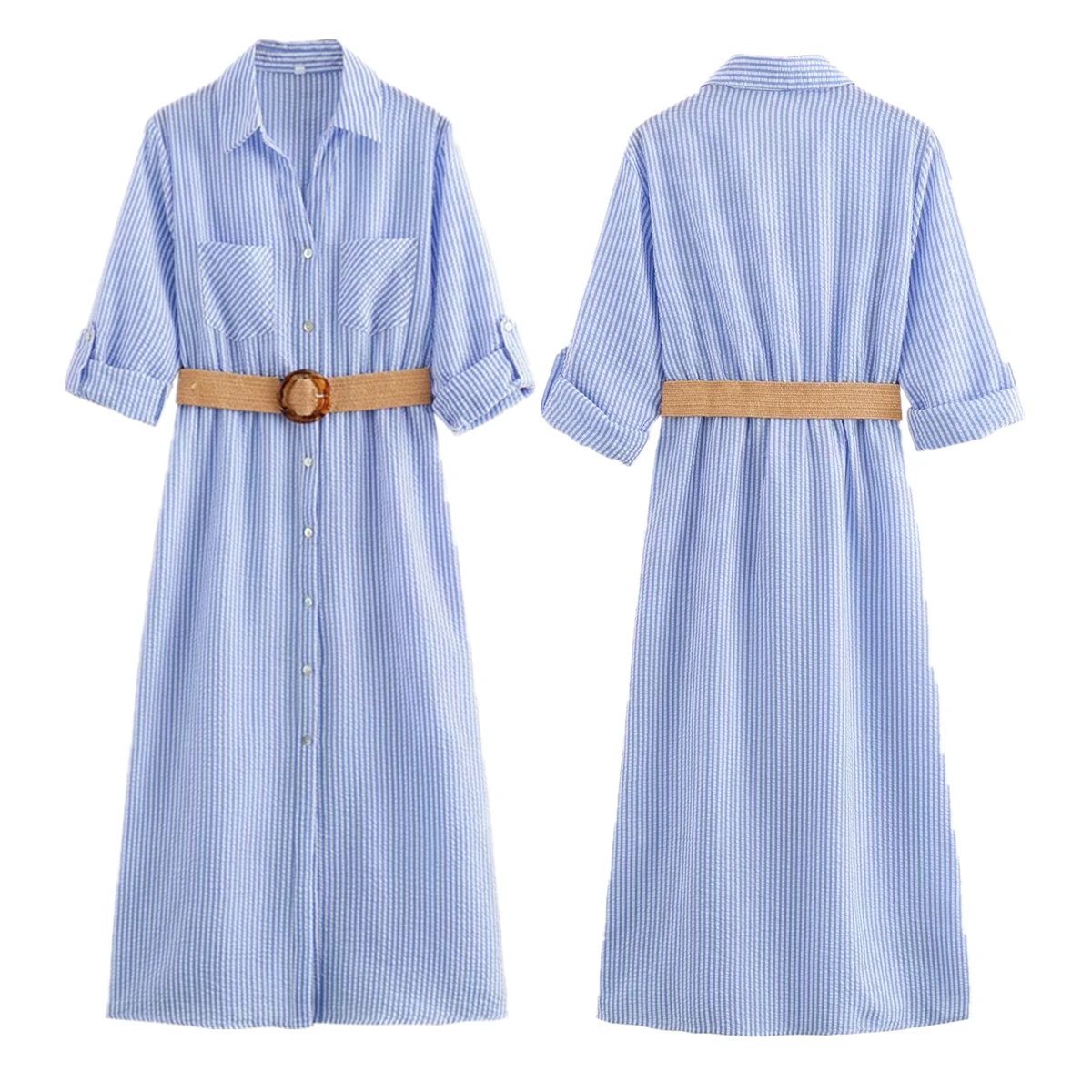 Dave&Di French Minimalist Blue Striped Long Shirt Dress Women With Belt Roll Up Sleeved Casual Commuter Midi Dress