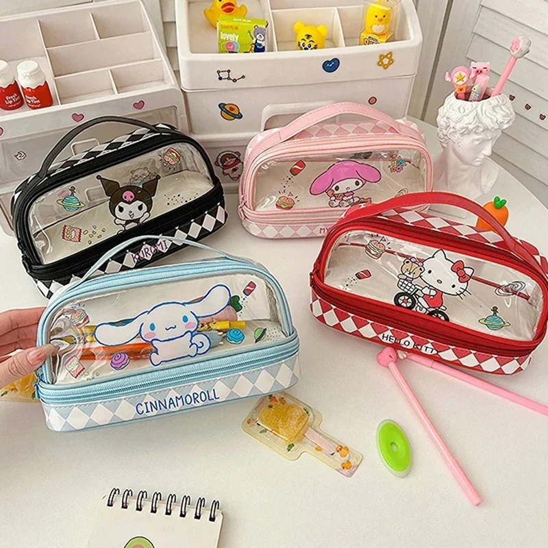 Cartoon Sanrio Hello Kitty Transparent Pencil Case Kuromi Cute Large Capacity Double-Layer Portable Stationery Pen Bag Gifts