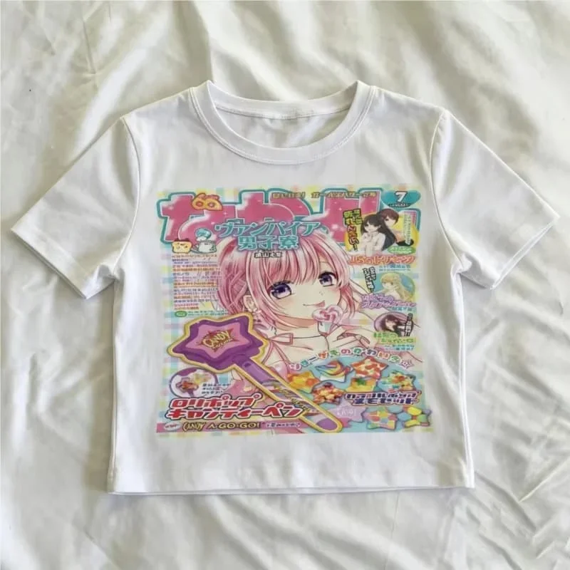 Lady Y2K Homestay Lovely Japan Magazine Printing T - Shirt Cuello Redondo, Manga Corta Y Dulce Diario Street Home Top