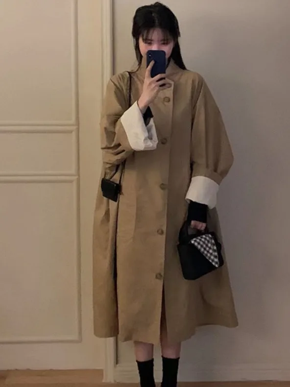 

i Long Single-Button Autumn Windbreaker Jaet Women's Slimming Coat Dongda Gate Ins Quali Retro Sle Commute Loose Fit