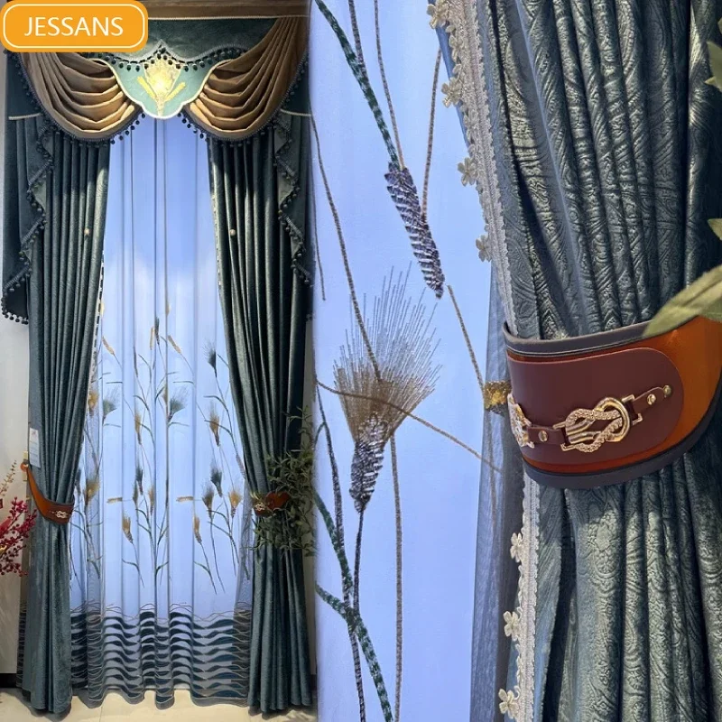 

Customized Blue Wheat Embroidery Gauze Curtain Relief Velvet Curtains for Living Room Bedroom Balcony French Window Finished