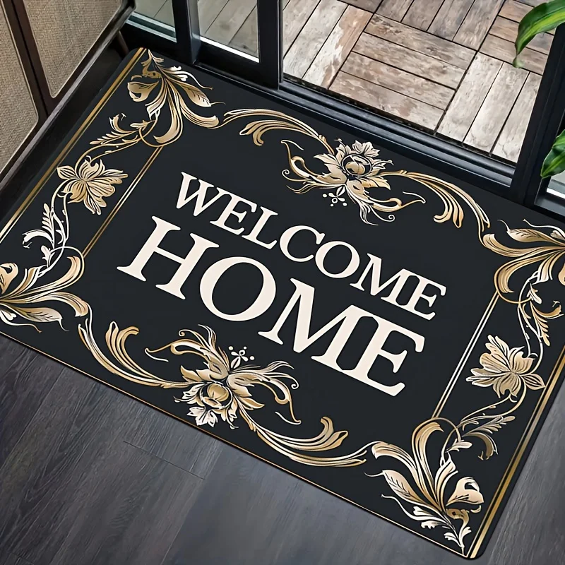 VIKAMA Vintage Welcome Home Floral Frame Doormat Black Gold Non Slip Front Door Indoor Entrance Floor Rug