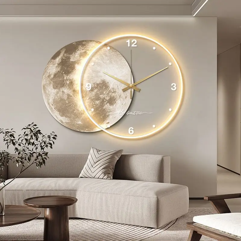Large Dining Room Living Room Wall Clock Luxury Moon The Earth Modelling LED Light Silent Movement Bedroom Wall Decoration Gift