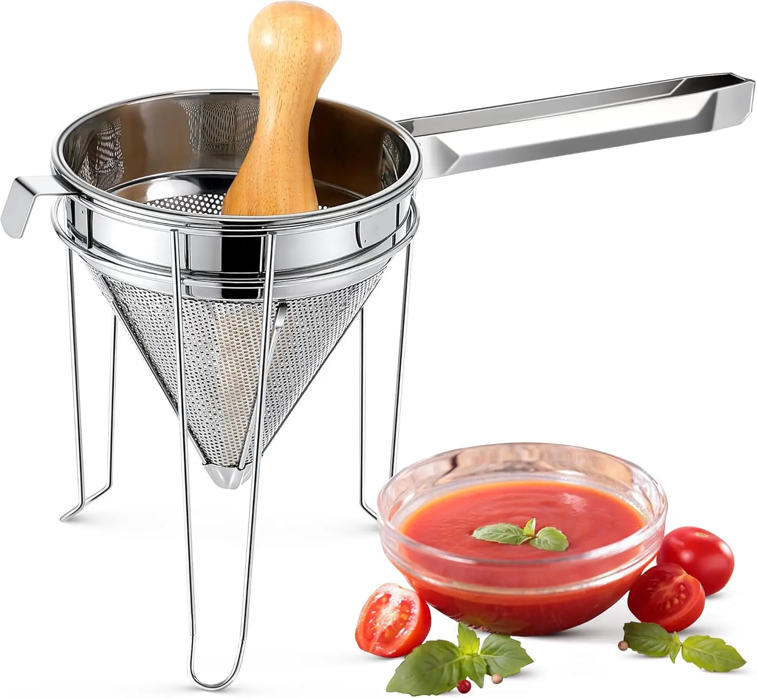 

Stainless Steel Chinois Strainer with Stand and Wooden Pestle Set, China Cap Strainer for Tomato, Berry, Fruit, Egg, Sou