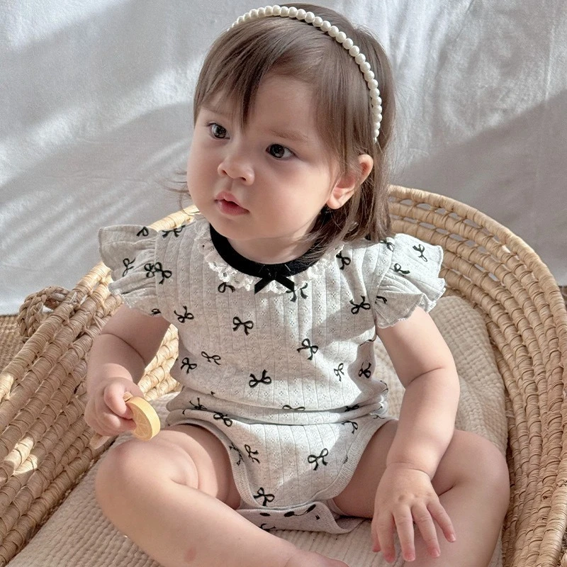 

ZOETOPKID New Baby Girl Clothes Summer Girls Romper 100% Cotton Baby Bodysuit Cute Bow Printing Lace Sleeve Infant Outfit