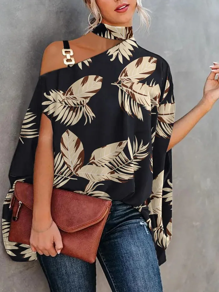 Leaf Print Chain Strap Cold Shoulder Women Blouse Tops