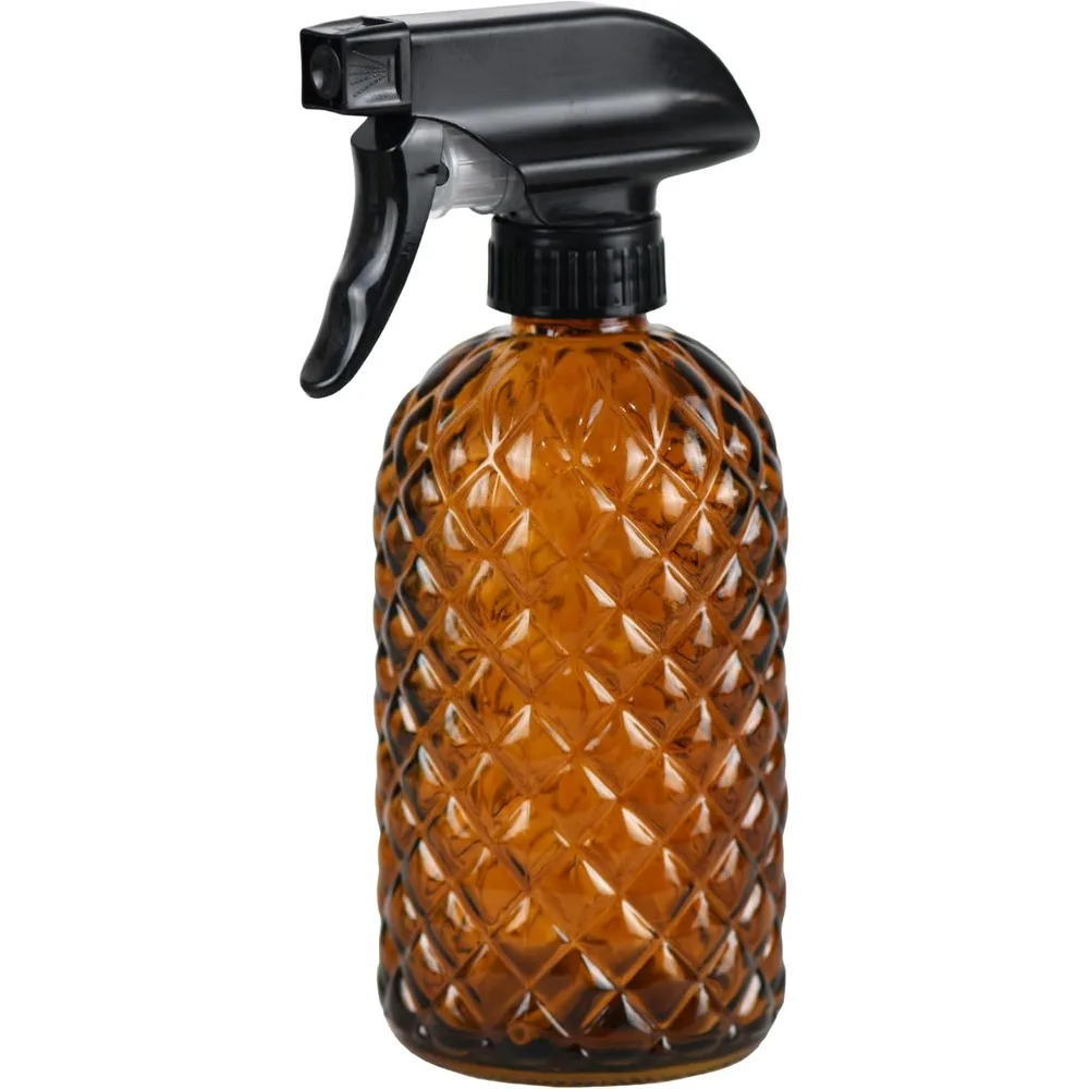Amber Glass Plant Mister Spray Bottle with Gem Pattern Design and Black Pump Top, Handheld Water Bottle Sprayer for Watering Indoor Plants, Outdoor Potted Plants, Herbs, Succulents, Flowers, Home Garden Greenery, Fine