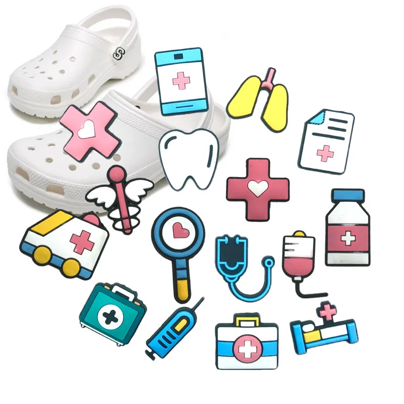 Única venda médica sapato encantos para mulheres, estetoscópio bonito, seringa, PVC Clog decoração, croc pinos, pulseira, acessórios, presentes, 1 peça