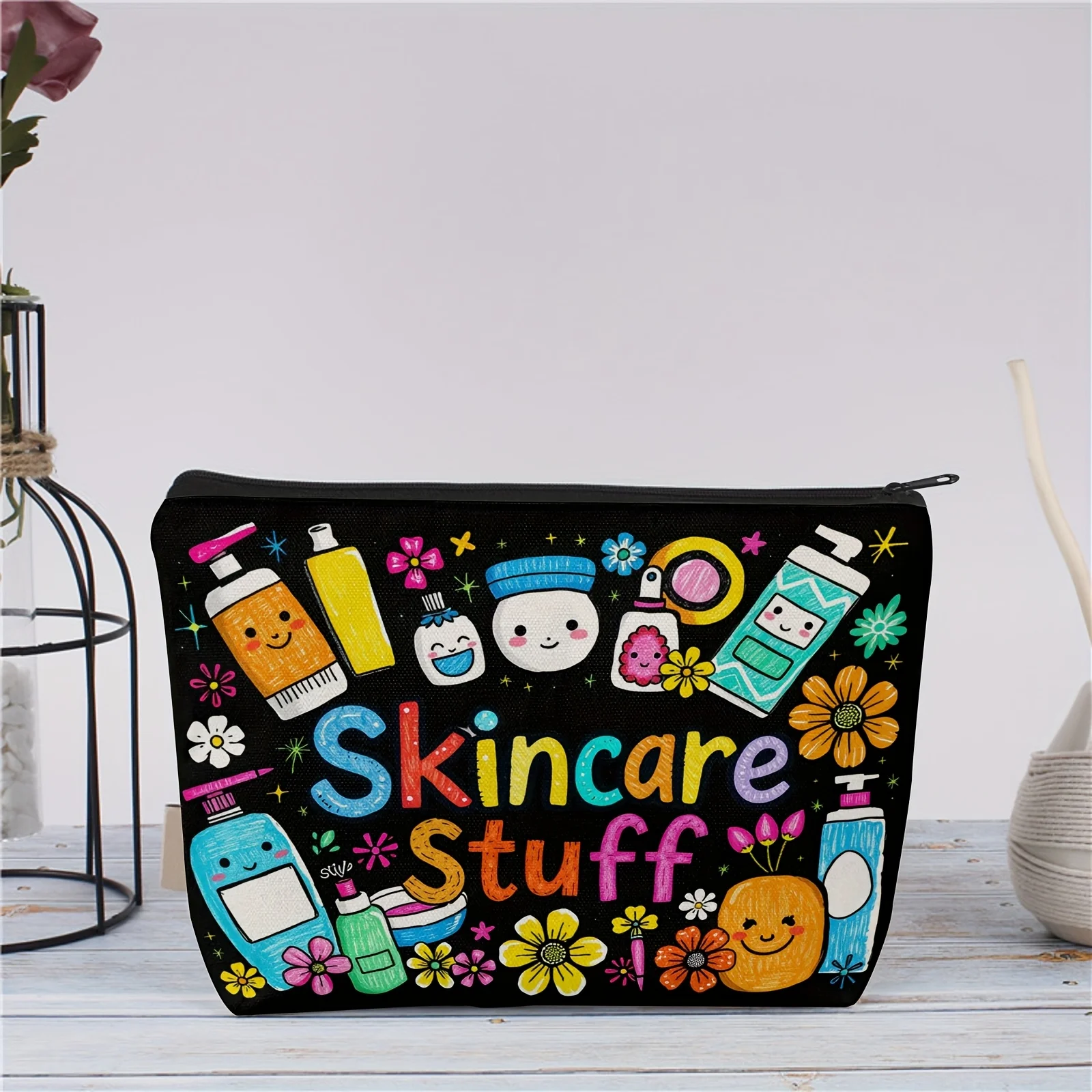 1 borsa per il trucco nera pastello per la cura della pelle, organizer leggero con cerniera con stampa cosmetica vibrante, custodia da toilette da viaggio, borsa per il trucco