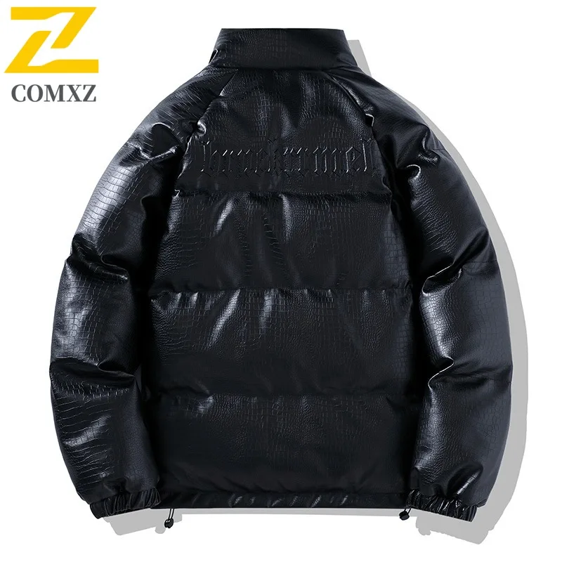 COMXZ 2025 Mens Womens Korean Thickened Fleece Winter Jacket PU Warm Tactics Waterproof and Windproof Outdoor Cold-proof Coat