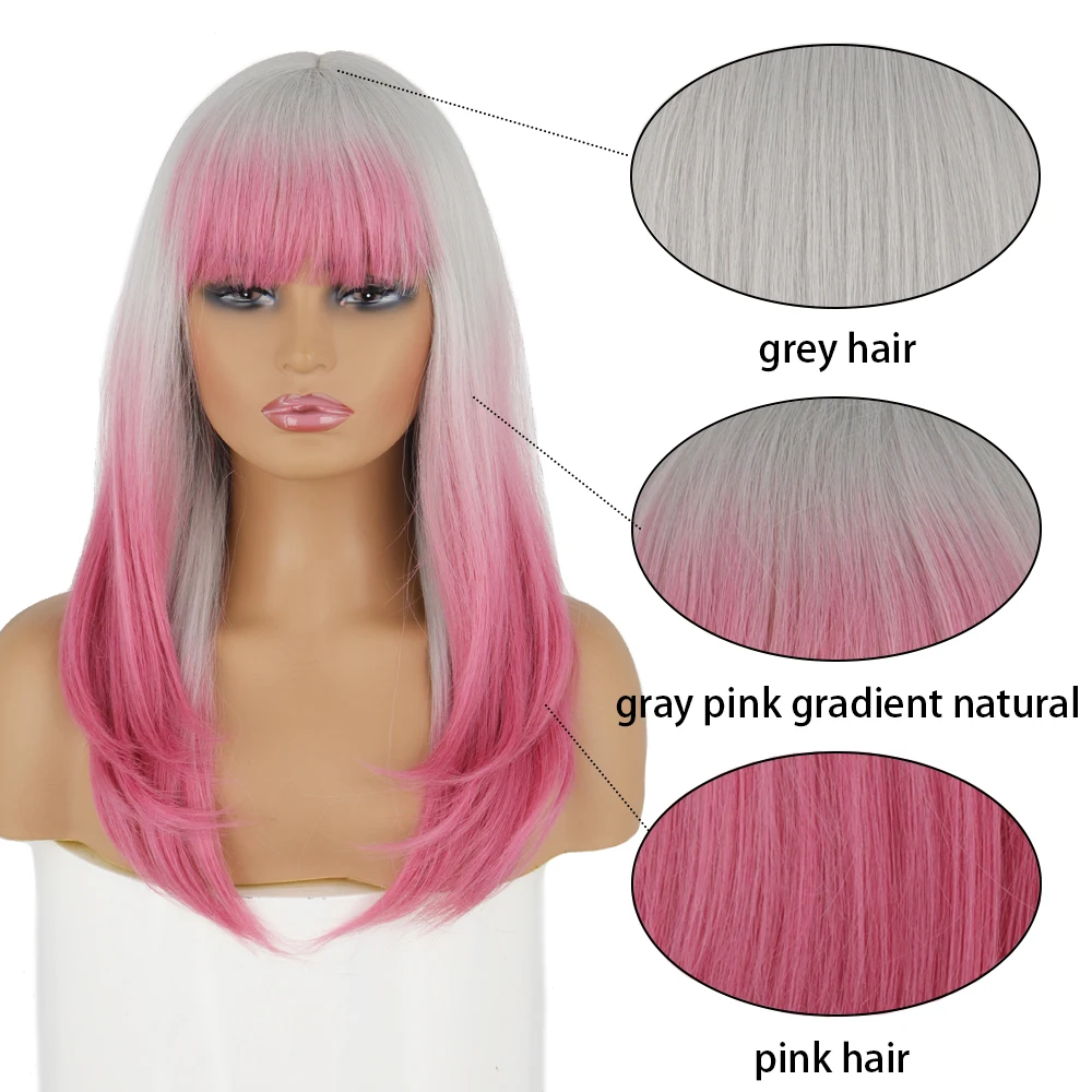 WERD synthetic Pink Gray With Bangs Long High Temperature Resistant Chemical Fiber Wig Lolita Fashion Party Wig