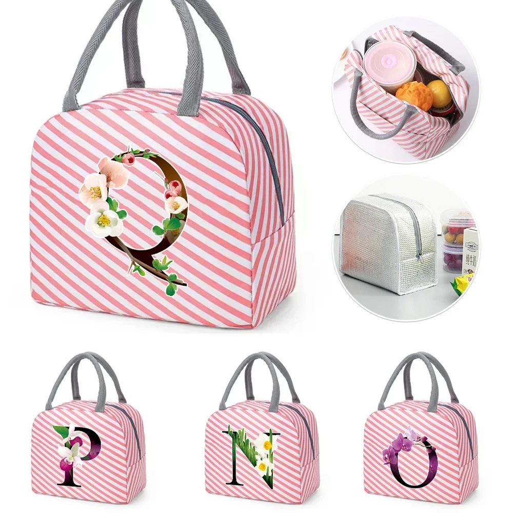 

Insulated Lunch Box for Women Pink Cute Lunch Bag for Kids Cooler Waterproof Red Stripe Design Flower Color Printing