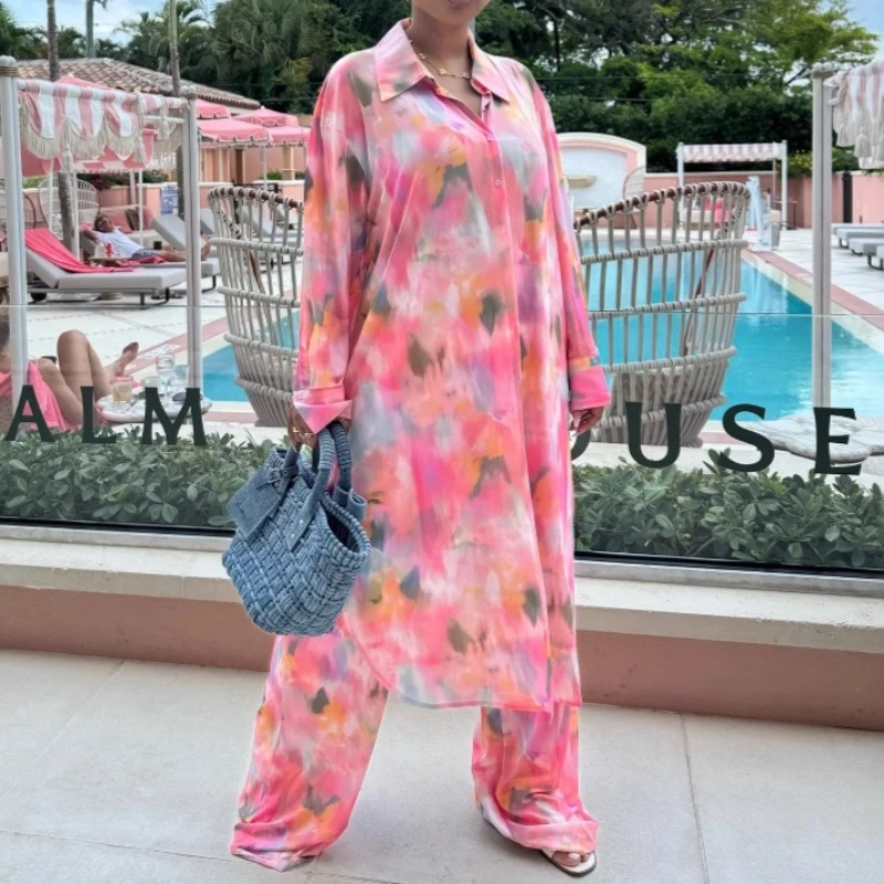 

Pant Set Women Two Piece Sets Turn Down Collar Full Sleeve Print Floral Mid Length Shirt Tops Wide Leg Long Pants Y2k Streetwear