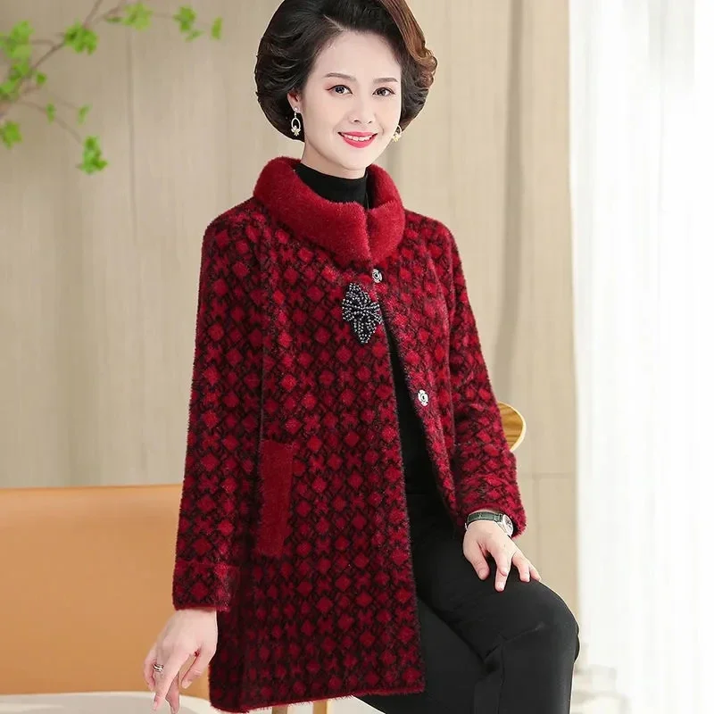 

Pop 2024 New Fashion Mother's Autumn Winter Premium Coat Mid-Length Top Middle Aged Women's Mink Coat Faux Fur Coat Female Wool