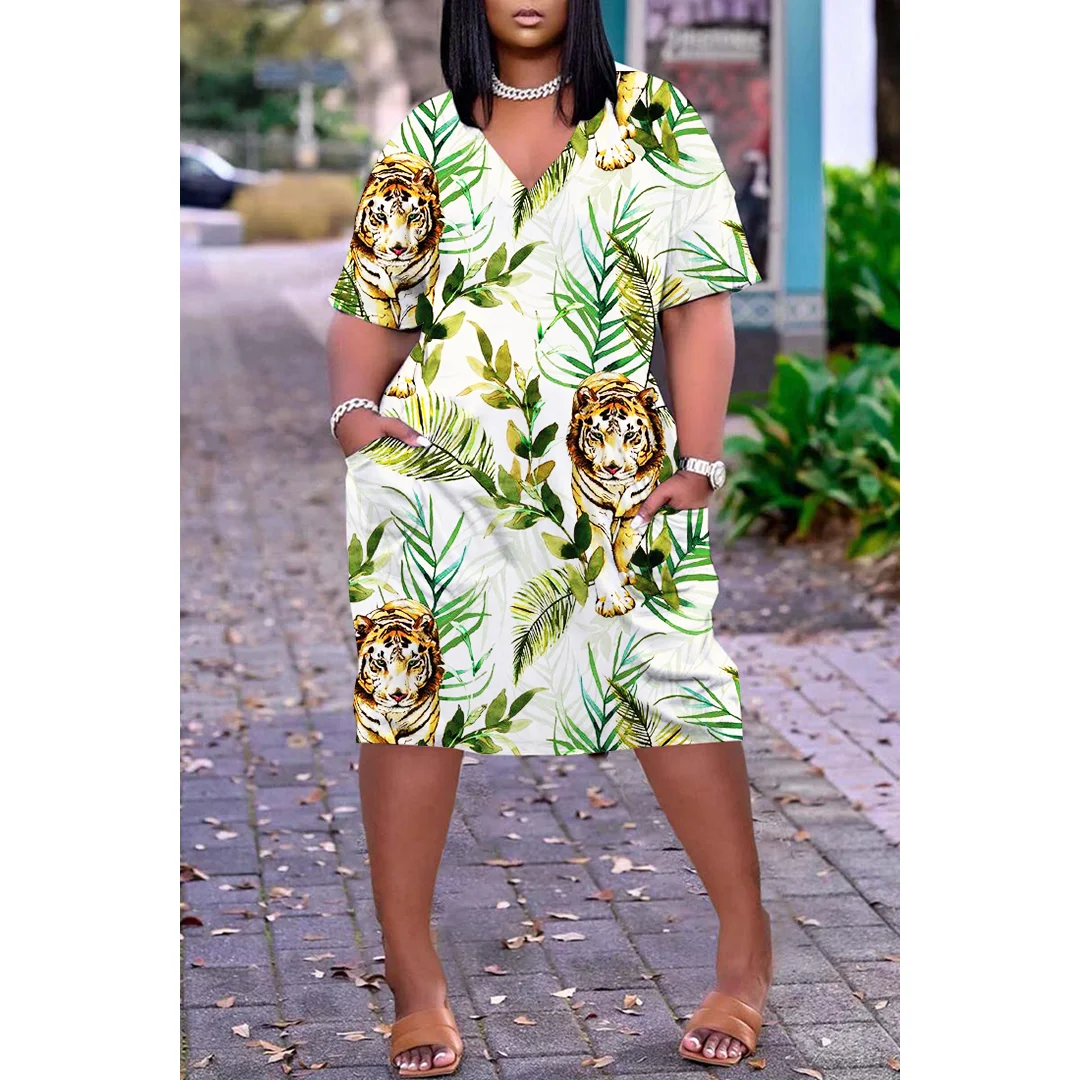 Natural Scenery Prints Women's Party Dresses Casual Women's Dress Vintage Print V-neck Short Sleeve Knee Length Dress