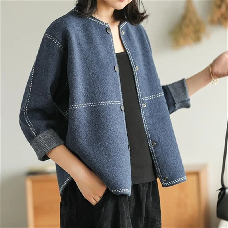 

Women Vintage Knitted Cardigan Jacket Retro O Neck Single Breated Loose Winter Tweed Autumn Bright Lined Decoration Harajuku Top