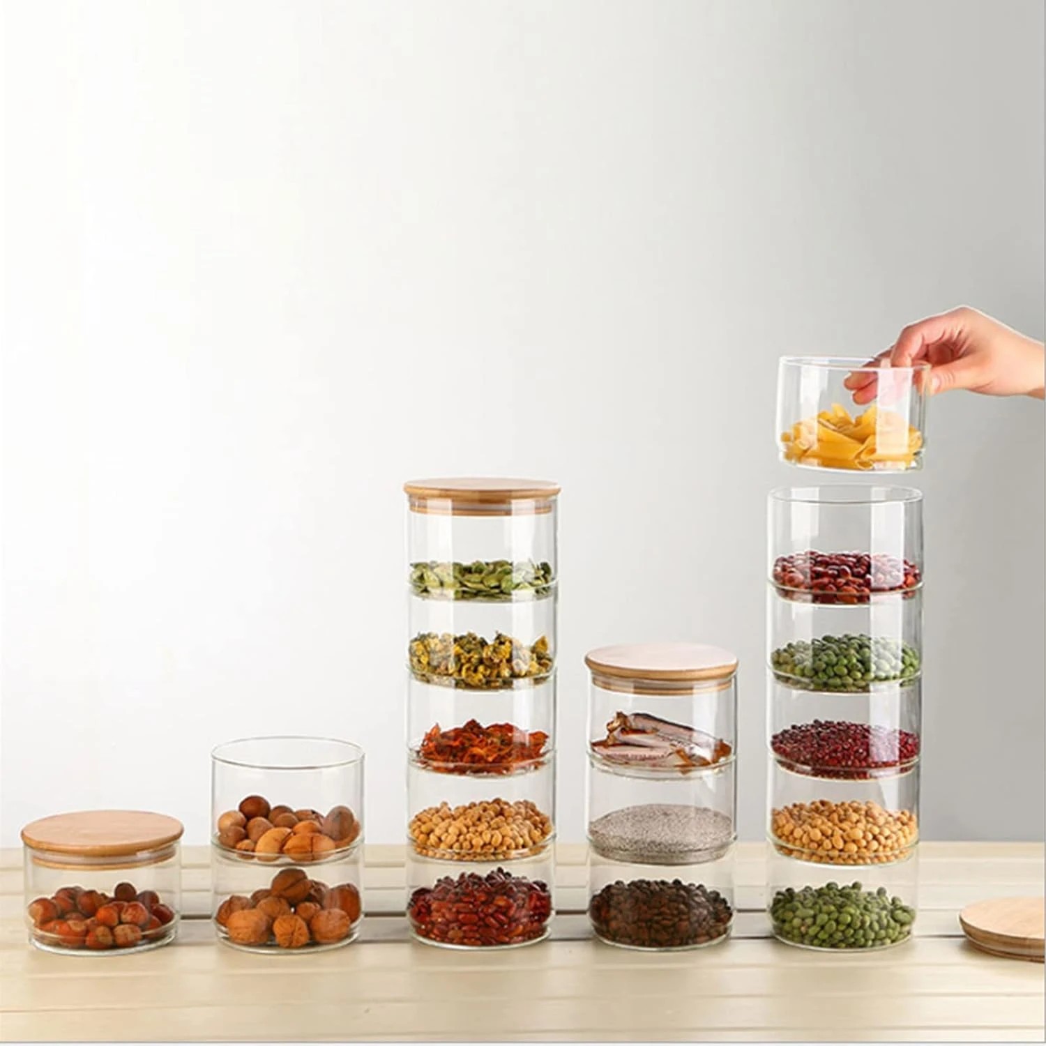 Modern and Stylish 4-Tier Stackable Glass Canisters with Airtight Lids - Contemporary Sleek Food Containers for Org