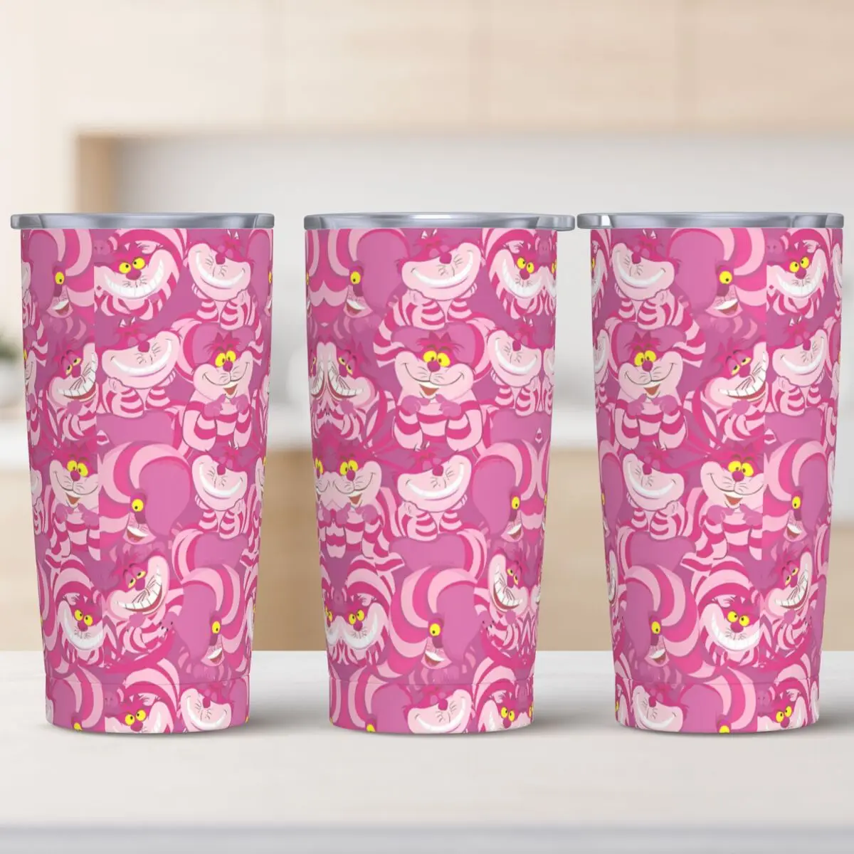 Alice In Wonderland Cheshire Cat Pattern Stainless Steel Tumbler Beach Thermal Cup With Straws and Lid Cold and Hot Water Bottle