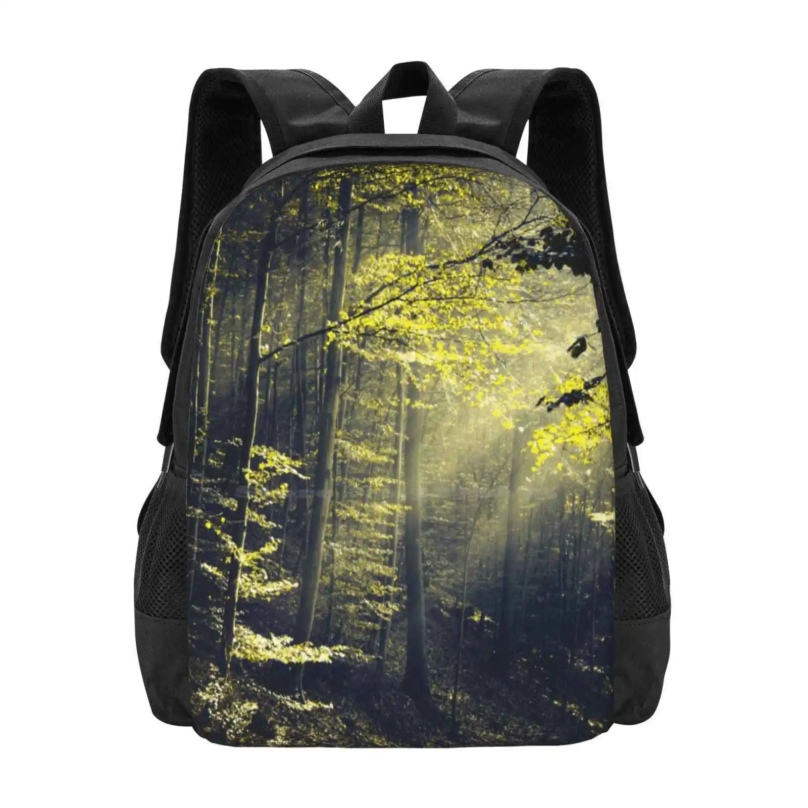 Being There-Morning Light In Forest Pattern Design Laptop Travel School Bags Rays Of Light Hill Deciduous Woods Misty Landscape