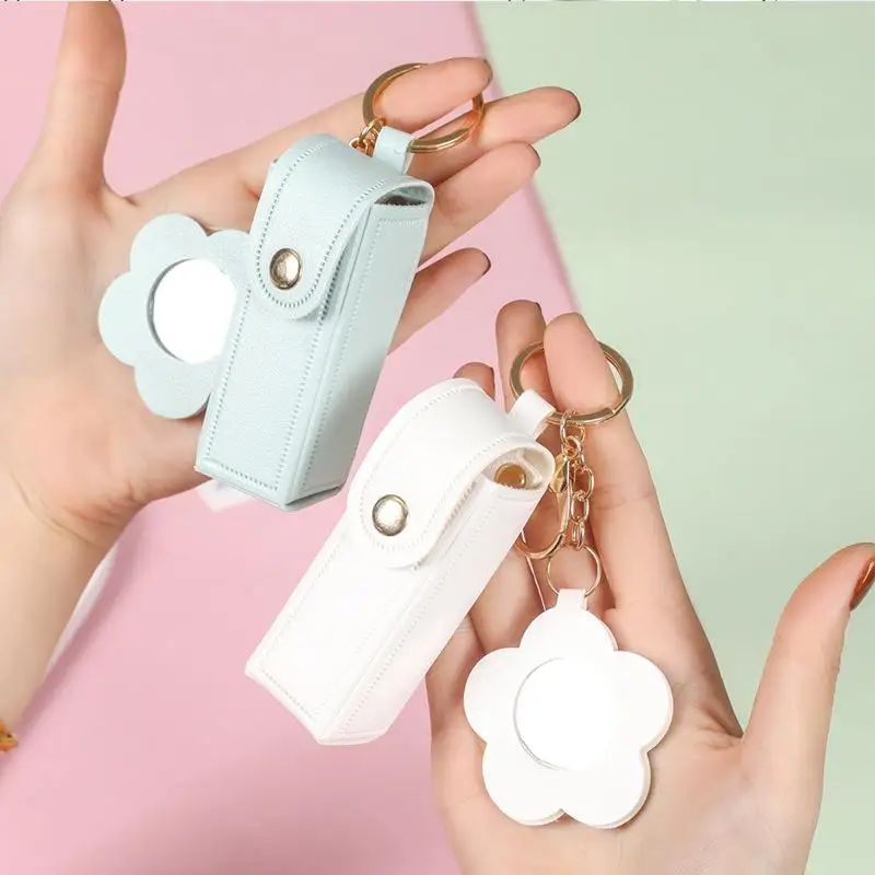 Portable Pu Leather Lipstick Holder Keychain With Flower-Shaped Mirror For Women Girls Handbag Charms Accessory Creative Gift