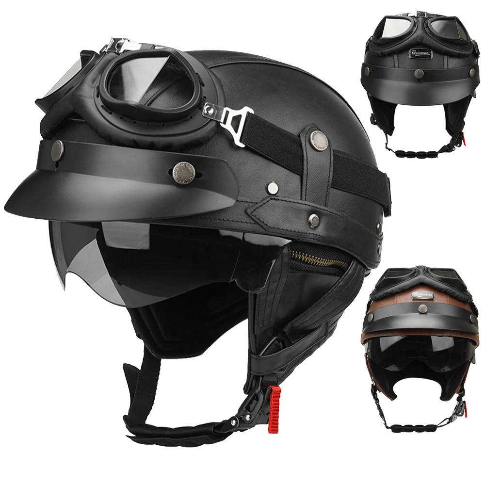 

Motorcycle Helmet Leather Motorbike Open Face Helmet Vintage Fashion Safety Helmets Anti Fall And Sun Cap Moto Half Helmet M-XL