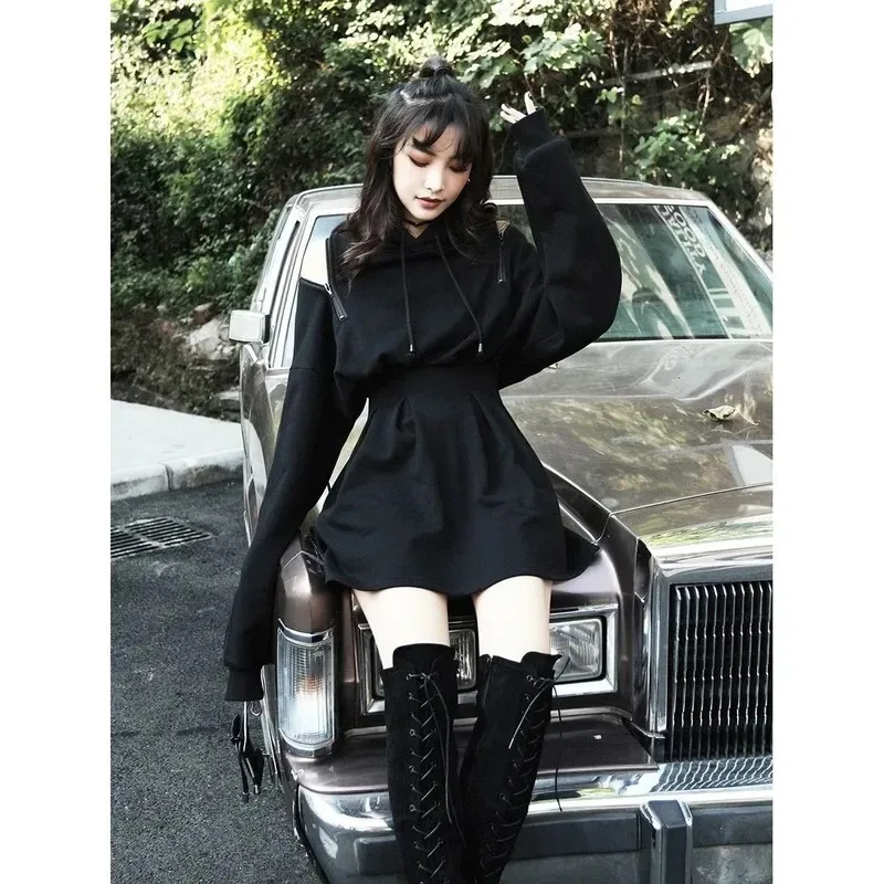 

Hoodie Dress Short Black Mini Hooded Dress 2023 Autumn Style Wrap Long Sleeve Dress Women Harajuku Streetwear Gothic Dress Black