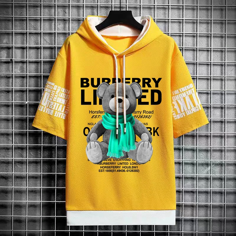 2024 Summer Men's Sweatshirts Fashion Men Clothing Harajuku Short Sleeve Hoodies Korean Streetwear Print Graphical Hooded Tops