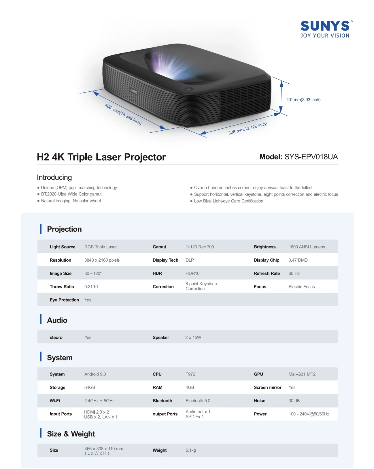 H2 Pro Ultra Short Throw Projector Real 4K Triple Android Smart TV WIFI Bluetooth Home Theater Beamer DLP Projector
