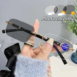 Ultra Light Frameless Photochromic Myopia Glasses Blue Light Blocking Eye Protection Near Sight Glasses Color Changing Eyewear