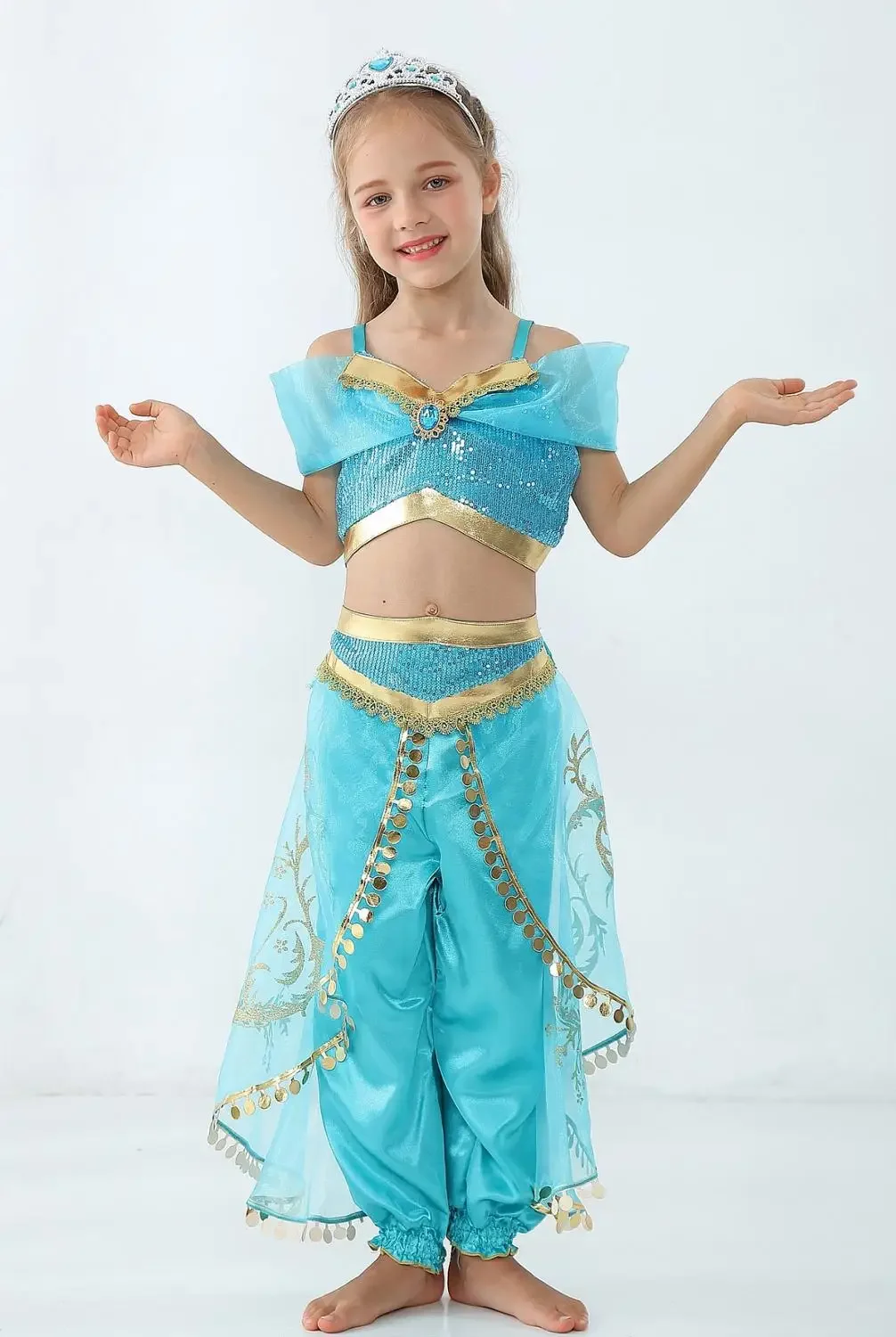 Girls Kid Summer Jasmine Princess Dance Dress Suit Aladdin Halloween Christmas Performance Costume Top Skirt Pant Two Piece Set