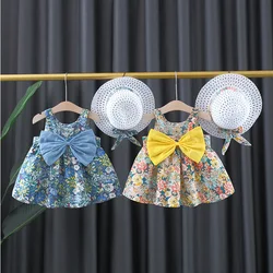 Children's Clothing Summer New Girls' Dress Backless Bow Retro Floral Girl Baby Princess Skirt With Hat