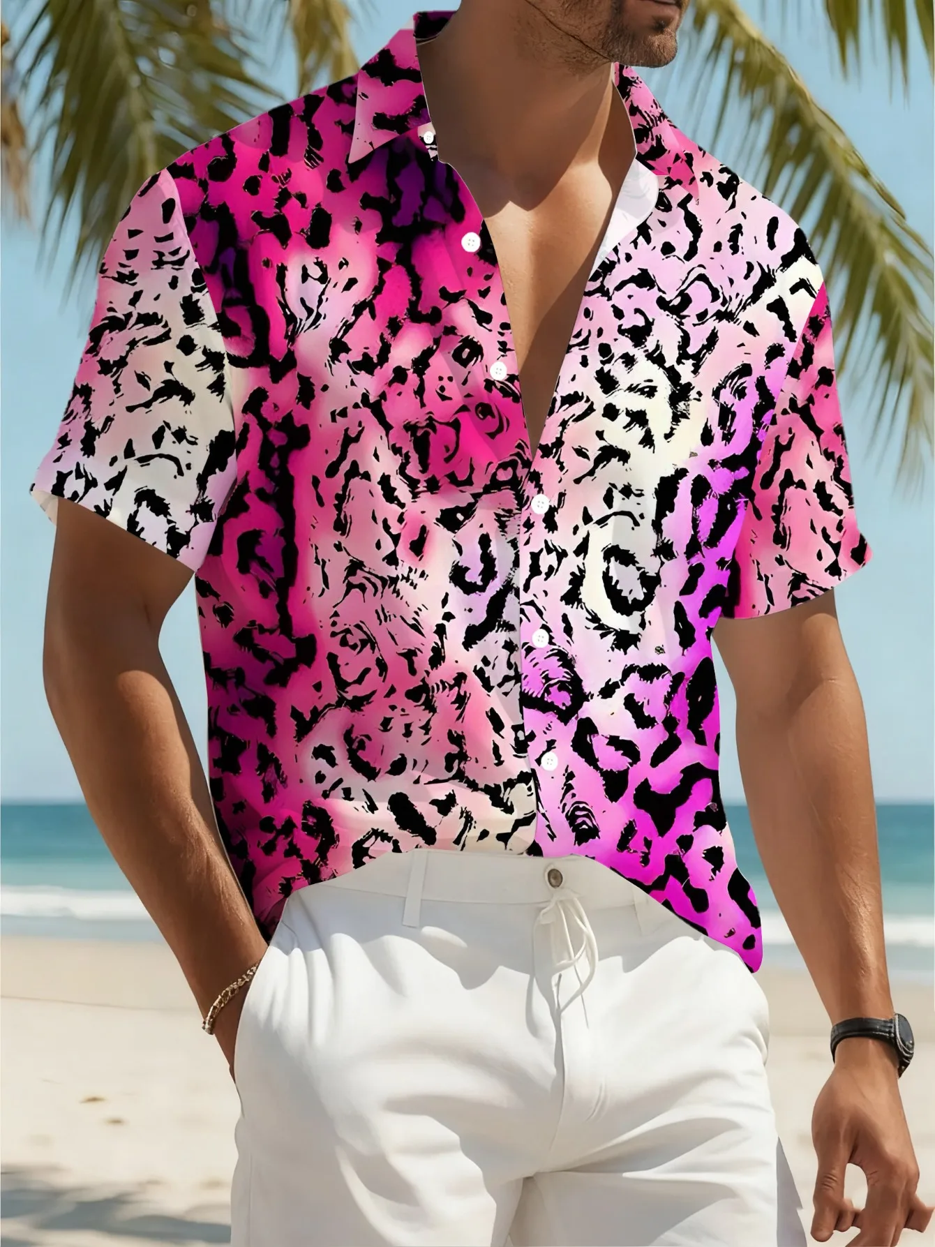 

2026 Summer New Style Men's Short-Sleeved Shirt with 3D Leopard Print Street Casual Fashion Comfortable and Soft