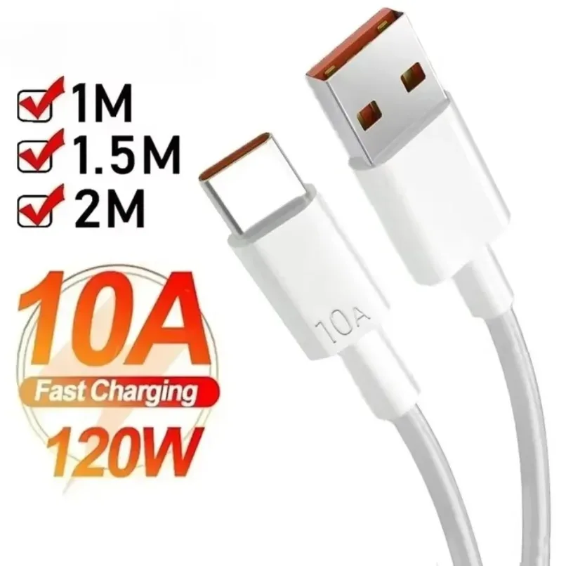 120W Super Fast Charging Cable 10A USB to Type-C 1M 1.5M 2M For Samsung Xiaomi Huawei Oppo Vivo Android Phone Home Office Use