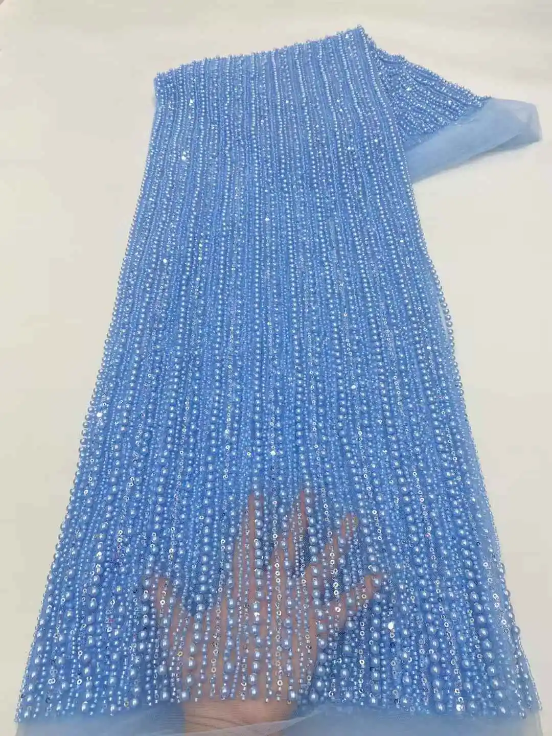 2025 Latest Nigerian Lace Fabric Fashion African Tull Lace Luxury Handmade Heavy Beaded Sequins Fabric For Bridal Wedding Dress