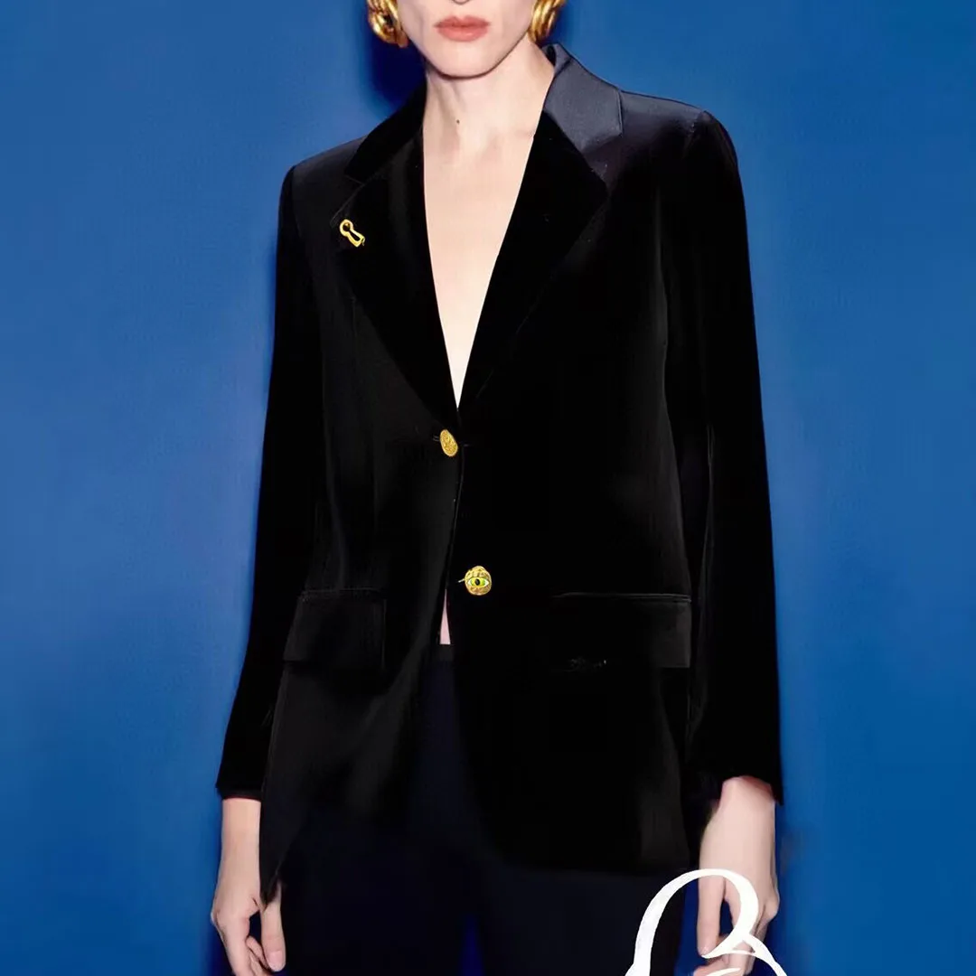 

New Fall Winter Black Velvet Blazer Jacket Women Notched Long Sleeve Gold Eye Buttons Back Embroidery Elegant Vintage Suit Coat