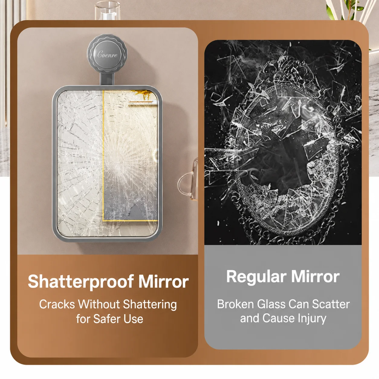 Bathroom Suction Mirror Explosion Proof Removable Makeup Mirror Bathroom Vanity Mirror Rounded Corner For Toilet Smooth Walls