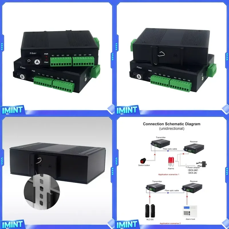 Industrial DIN-Rail 1/2/4/8/16 Channel Dry Contact Closure Relay to Fiber Optic Converter for Remote Control Alarm