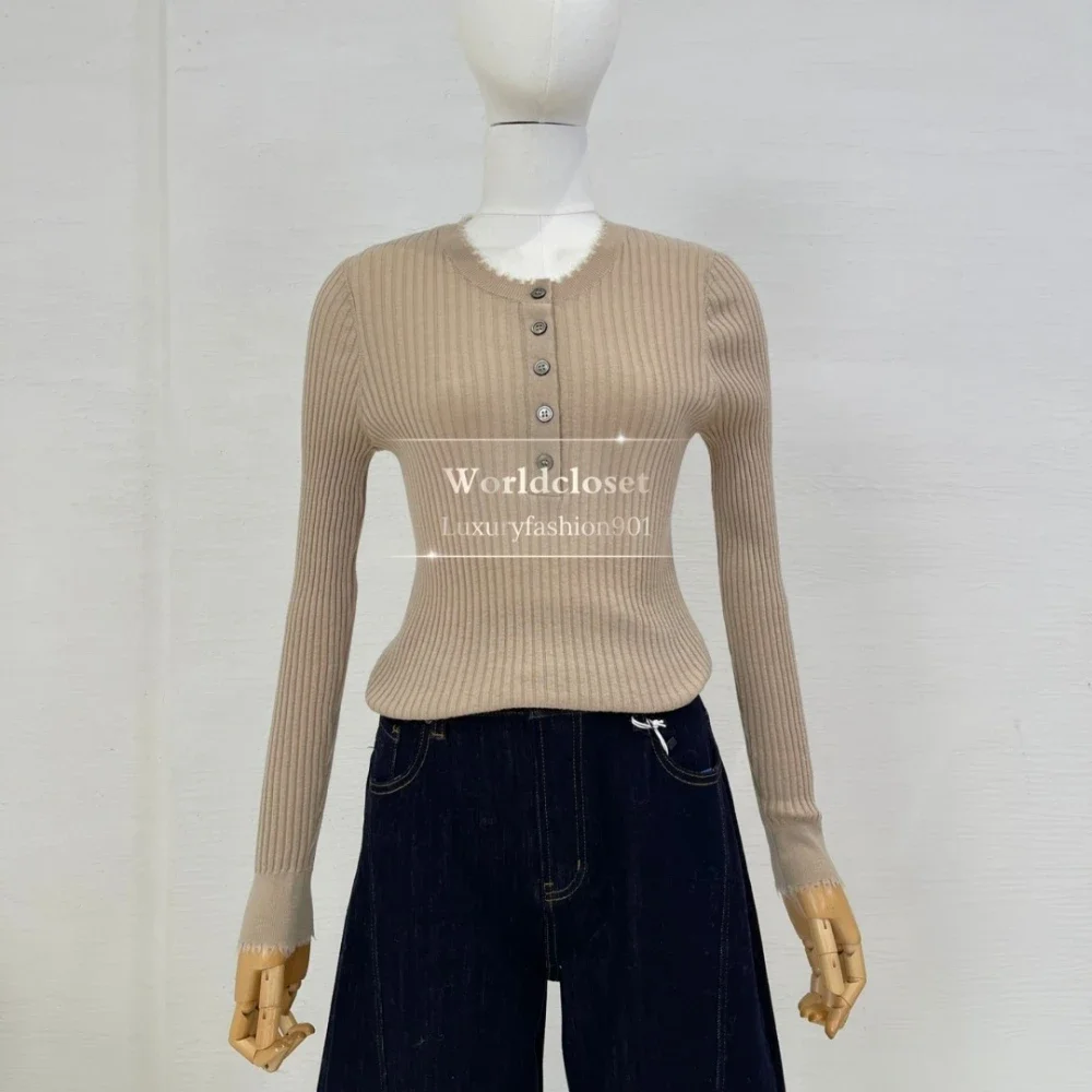 سترة صوفية نحيفة بأكمام طويلة بنية عالية الجودة