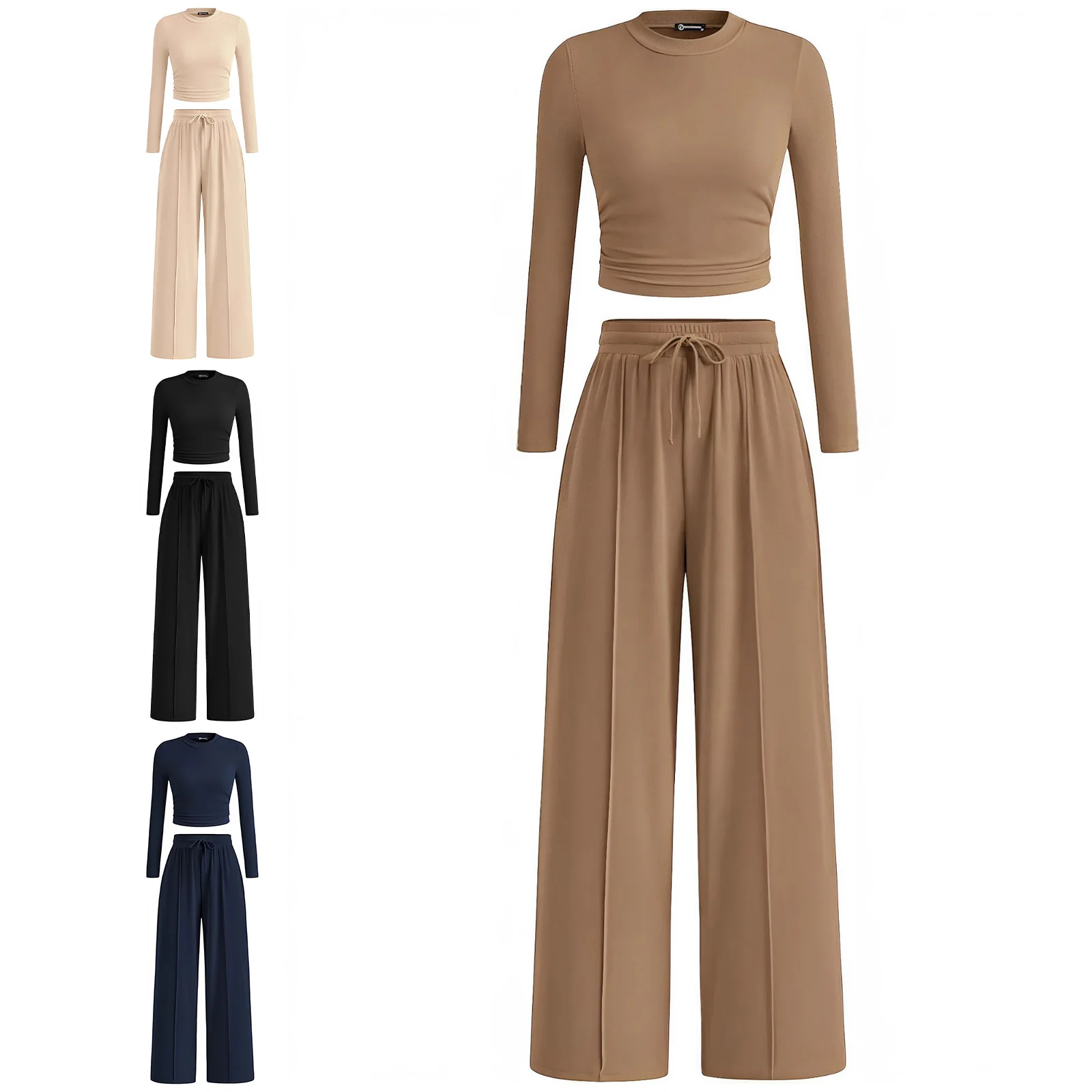 Damen-Freizeitkleidungssets, 2-teiliges Loungewear-Pullover mit Stehkragen, langärmligem Pullover, bauchfreies T-Shirt und Hose mit weitem Bein für die tägliche Freizeit