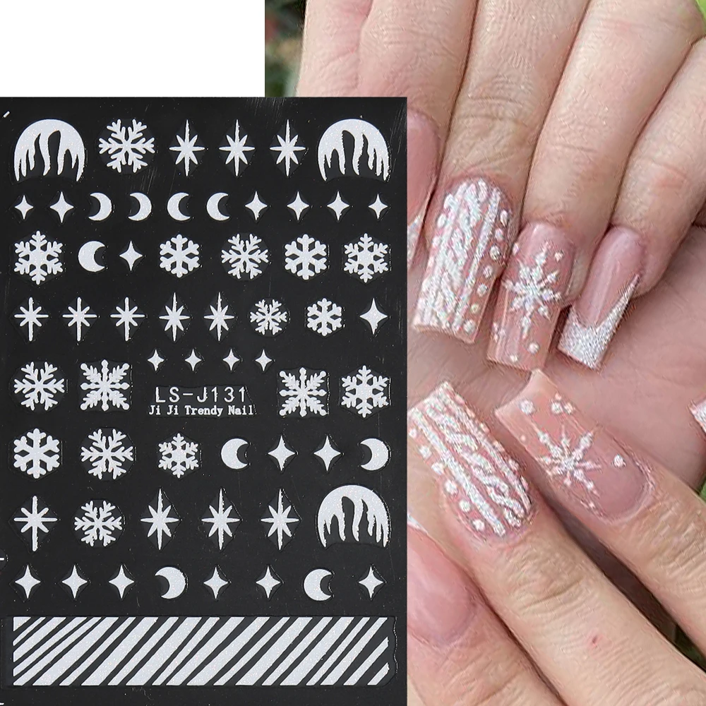 Gold Glitter Powder Snowflake Nail Stickers, 3D auto-adesivo, prata, branco Snowflake, Xmas Manicure Sliders, Star Moon, GLLS-J131