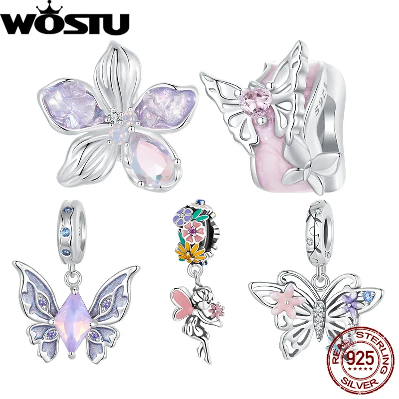 WOSTU 925 Sterling Silver Monet's Gardon Charm Pink Butterfly Silicone Stopper Beads Fit Original Bracelet DIY Jewelry Gift