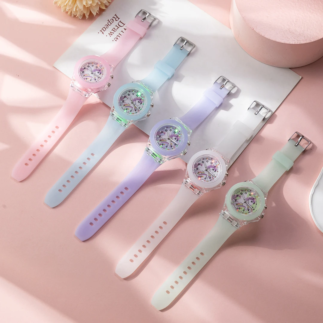 【2 шт.】Единорог, детские часы, светящиеся кварцевые часы с круглым циферблатом, детские часы-браслет, комбинированный подарок