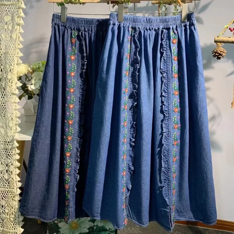 

Delicate Floral Embroidery Denim Skirt for Women Summer 2025