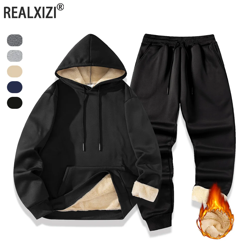 Men's Winter Sports Suits Plush Thickened Warm Hoodies Sweatshirts+Jogging Pants Two-piece Set Casual Sportswear Tracksuits