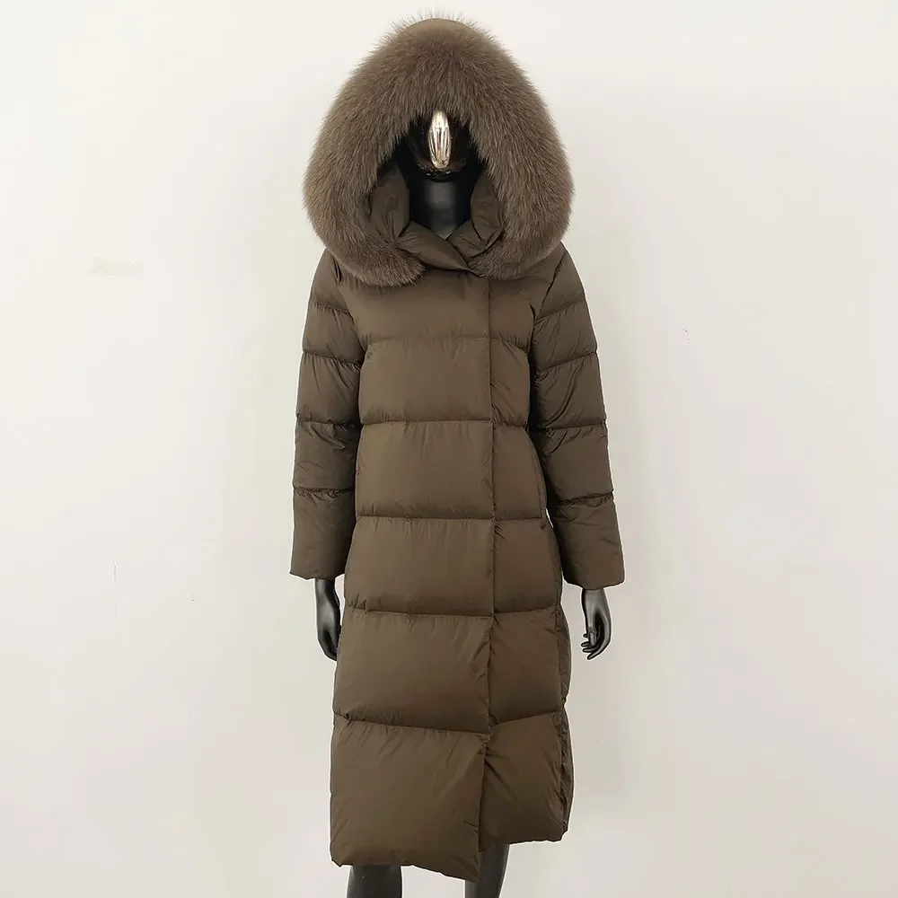 CXFS 2025 겨울 여성 코트 리얼 천연 여우털 칼라 두꺼운 따뜻한 롱 재킷 캐주얼 화이트 덕다운 벨트 신상 후드 아우터