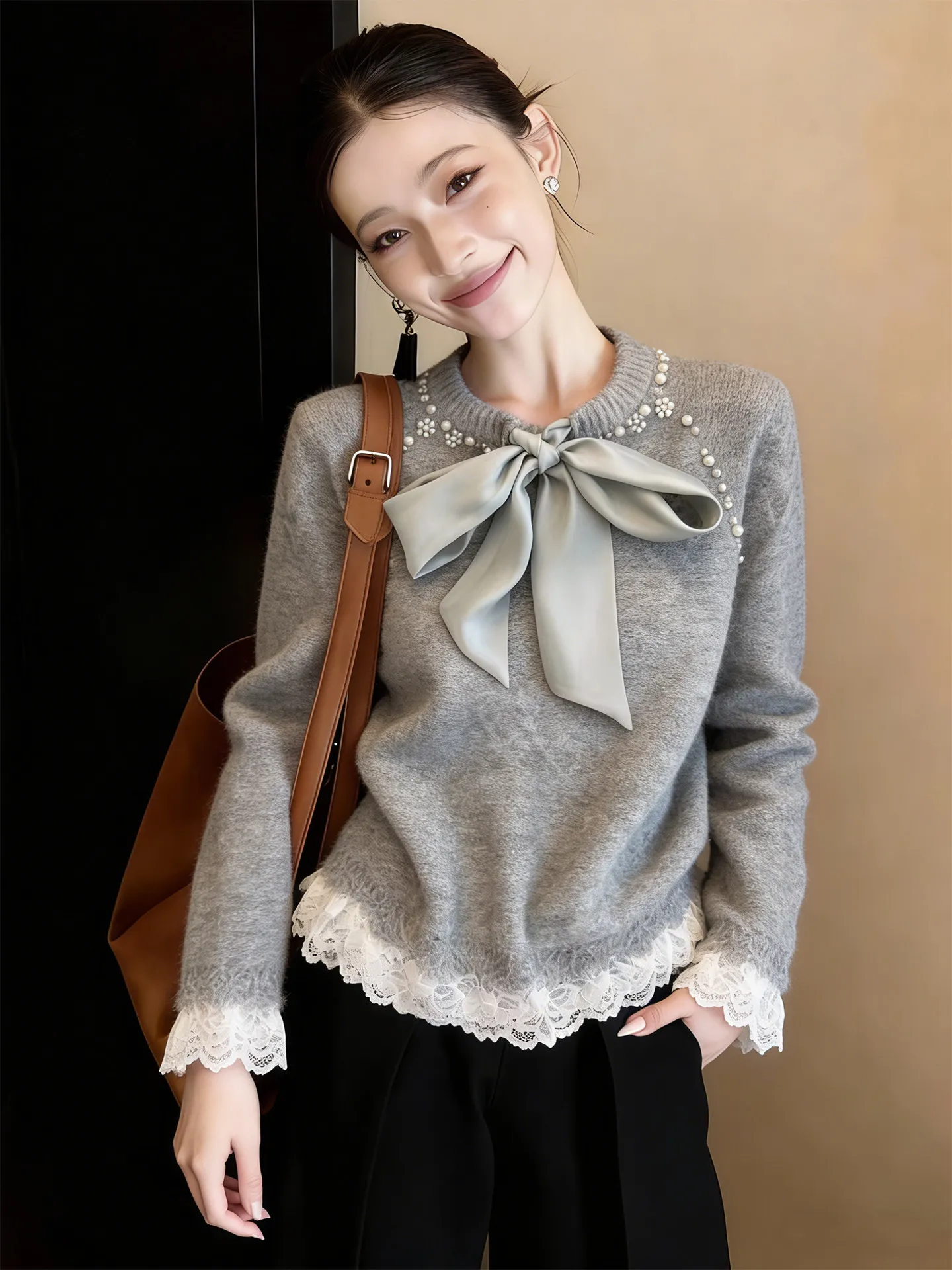 

Шелковый шарф и вязаный свитер для женщин: модный дизайн с кружевными вставками, свободный крой, удобный шерстяной топ с длинными рукавами, весна 2026