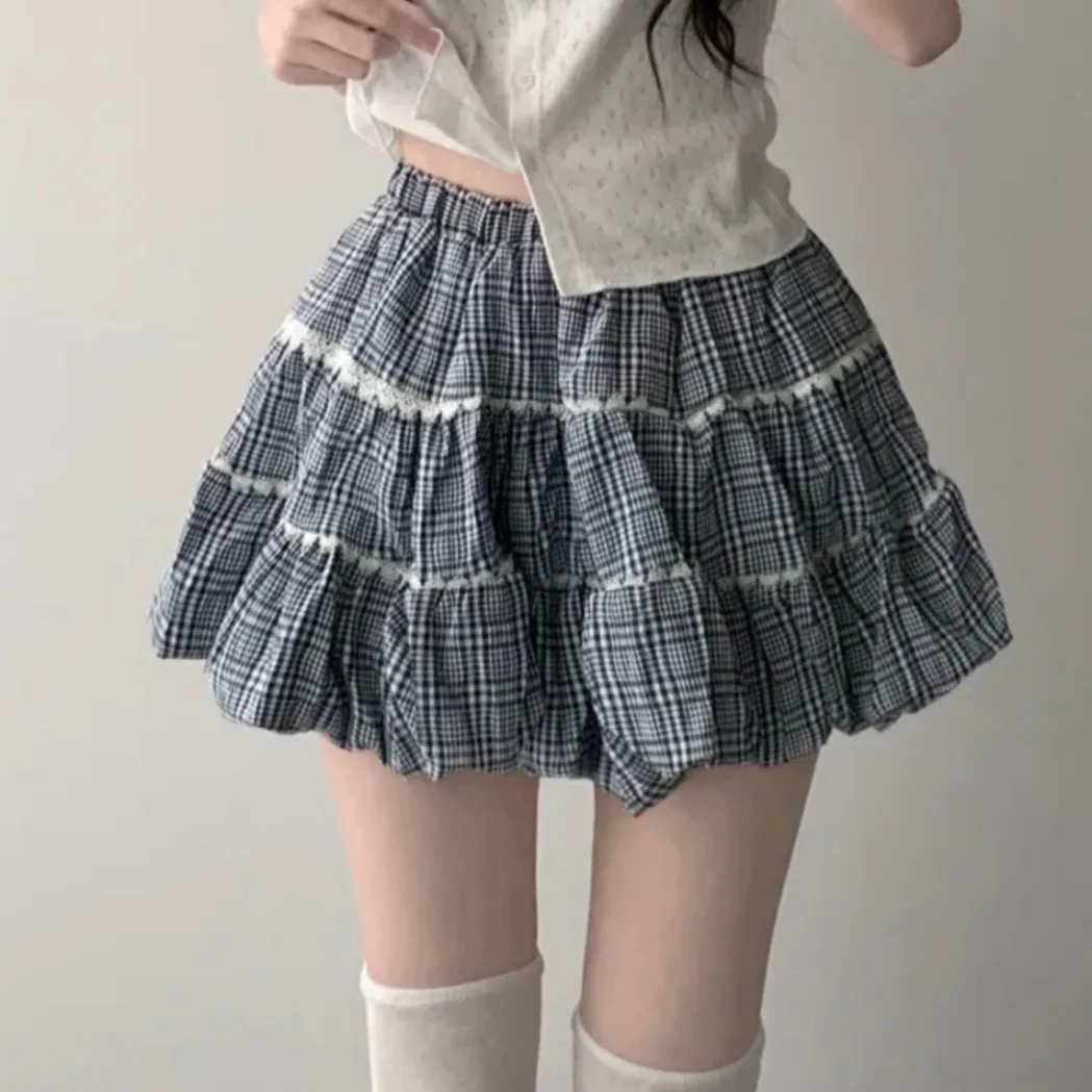 

Chic Plaid Skirt Women's Summer High Waist Flared Skirt Inner Anti-Light Flower Bud ort Skirt Korean Sle