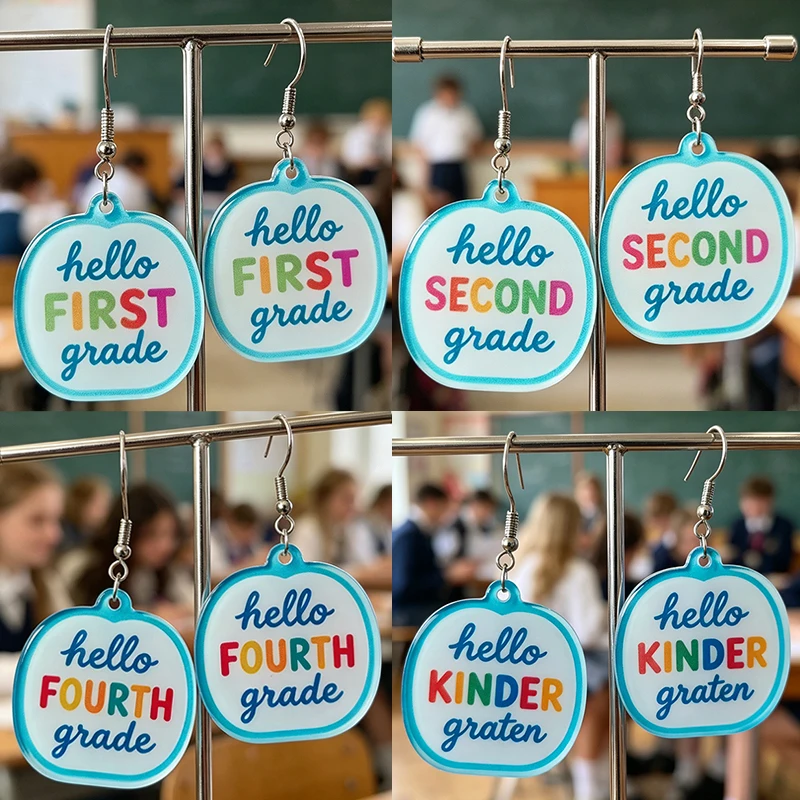 New Colored Grade Letter Acrylic Stainless steel ear hook Earrings for Kindergarten to Fifth Grades Back to School Earrings